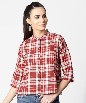 Red Checked 3/4Th Sleeve Cotton Crop Tops